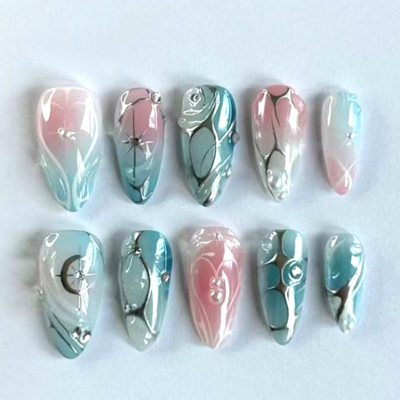 CJDLTS Medium Almond Shaped Gradient Blush 3D Silver Star Irregular Lines with Pearl Stick on Nails Full Cover Reusable Coffin Press on Nails Artificial Acrylic Fingernails for Women Manicure 24Pcs - Image 1